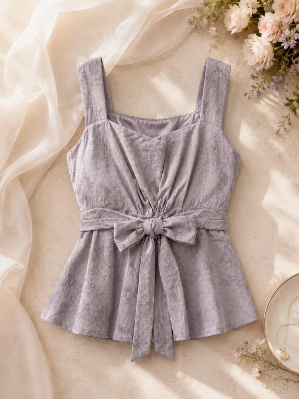 Elegant Floral‑Jacquard Blouse with Front Bow Accent